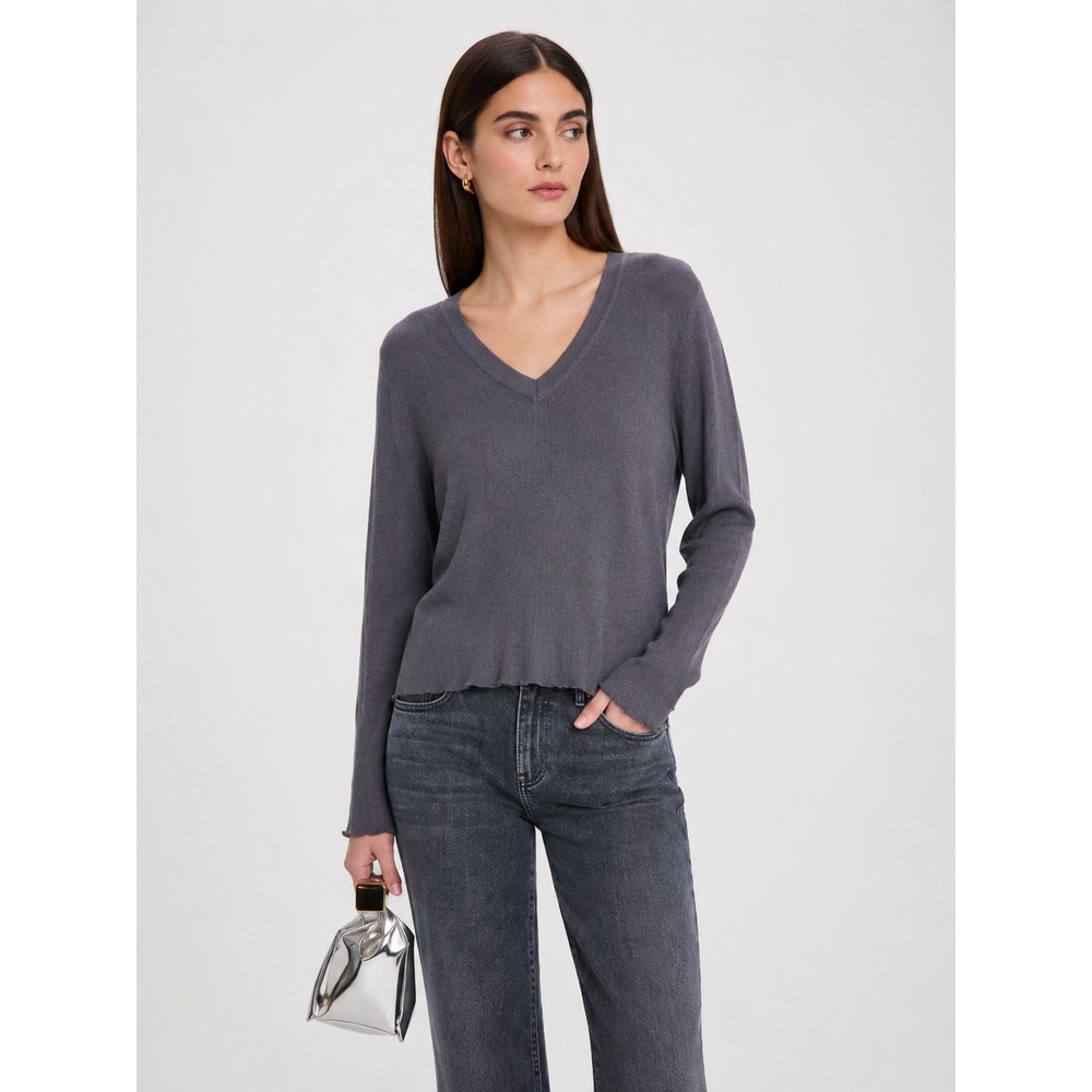 Lafayette 148 New York Grey Ribbed VNeck Sweater KV15 M Minimalist Quiet luxury